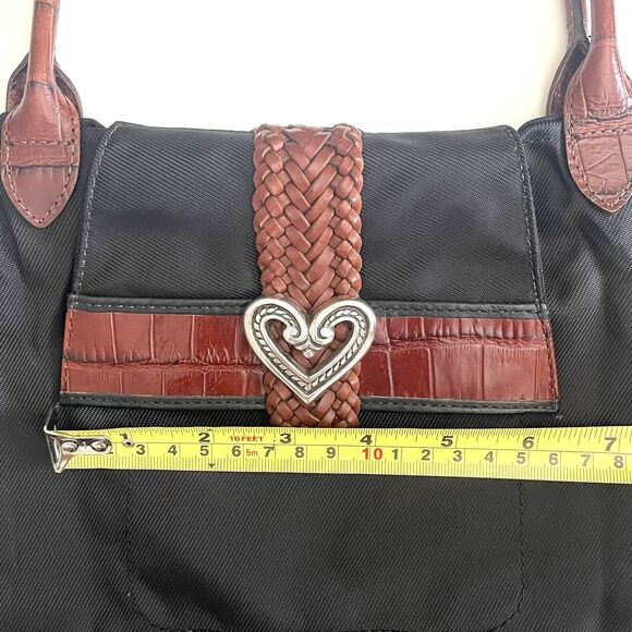 Brighton Silver Heart Brown Leather Handles Black Nylon Long Tote Bag - Picture 14 of 16